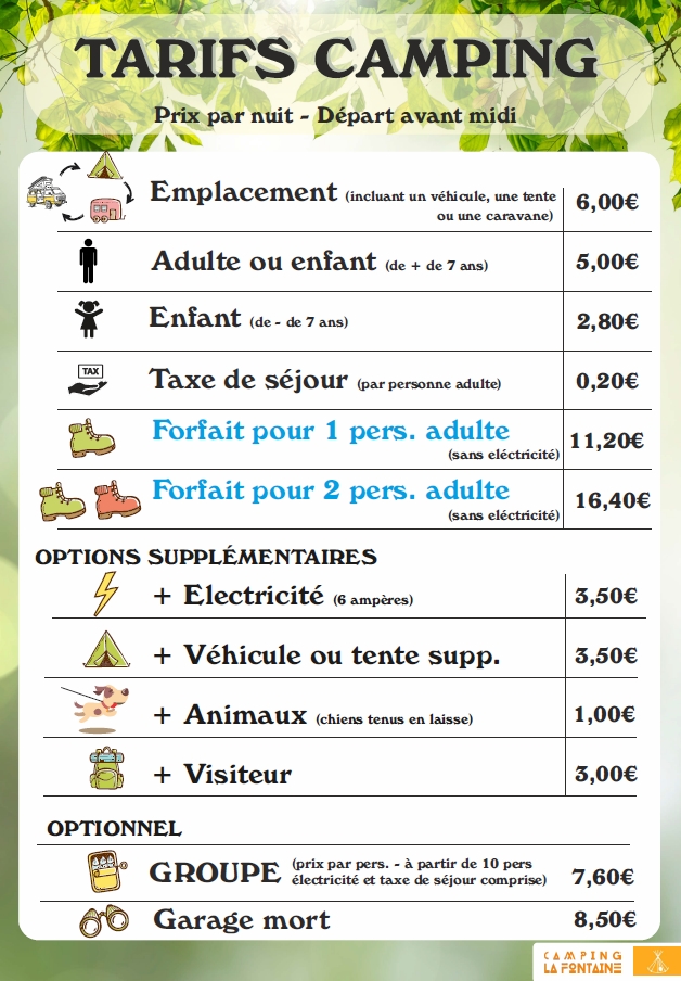 Tarifs camping La Fontaine Réotier